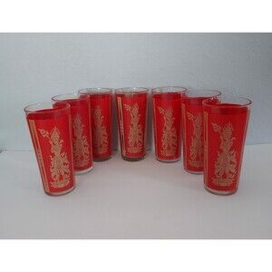 Vintage Culver Red & Gold Highball Glasses Set of 7 Asian Thai Goddess
